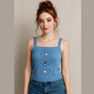 NWT 525 America Floral Embroidered Knit Tank Top - Waterfall